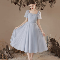 Gray Tulle Pearl Short Prom Dress, Cute A-Line Party Dress - Thumbnail 1