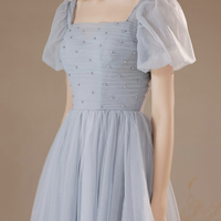 Gray Tulle Pearl Short Prom Dress, Cute A-Line Party Dress - Thumbnail 2