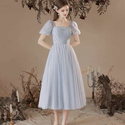 Gray tulle pearl short prom dress, cute a-line party dress - Thumbnail 1