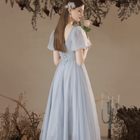 Gray Tulle Pearl Short Prom Dress, Cute A-Line Party Dress - Thumbnail 3