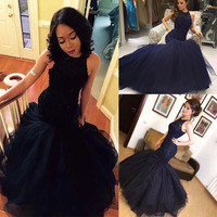 Navy Blue Prom Dresses Mermaid with Rhinestones Mermaid - Thumbnail 1