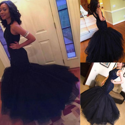 Navy blue prom dresses mermaid with rhinestones mermaid - Thumbnail 1