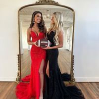 Cute Mermaid V Neck Red Lace Prom Dresses - Thumbnail 1