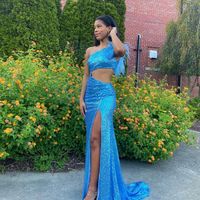Charming Mermaid One Shoulder Blue Sequins Long Prom Dresses with Slit - Thumbnail 1