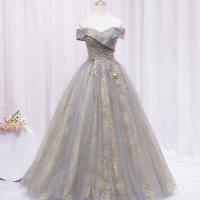 Off shoulder tulle sequins long prom dress, a-line evening dress - Thumbnail 2