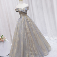 Off Shoulder Tulle Sequins Long Prom Dress, A-Line Evening Dress - Thumbnail 1