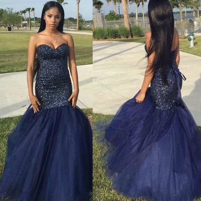 Navy blue prom dresses mermaid with beading - Thumbnail 2