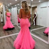 Cute Mermaid V Neck Coral Tulle Long Prom Dresses with Appliques - Thumbnail 2