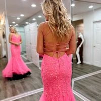 Cute Mermaid V Neck Coral Tulle Long Prom Dresses with Appliques - Thumbnail 3