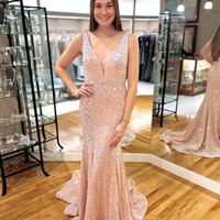 Cute Mermaid Deep V Neck Light Blue Sequins Prom Dresses - Thumbnail 2