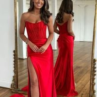 Cute Mermaid Strapless Red Satin Long Prom Dresses with Slit - Thumbnail 2