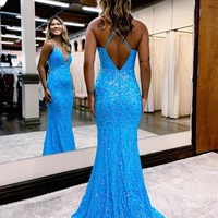Cute Mermaid V Neck Blue Sequins Long Prom Dresses - Thumbnail 2