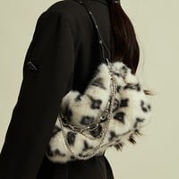 Classic Style Fluffy Fur Plush Leopard Pattern Pink Brown White Shoulder Messenger Bag - Thumbnail 8
