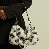 Classic Style Fluffy Fur Plush Leopard Pattern Pink Brown White Shoulder Messenger Bag - Thumbnail 9