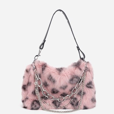 Classic style fluffy fur plush leopard pattern pink brown white shoulder messenger bag
