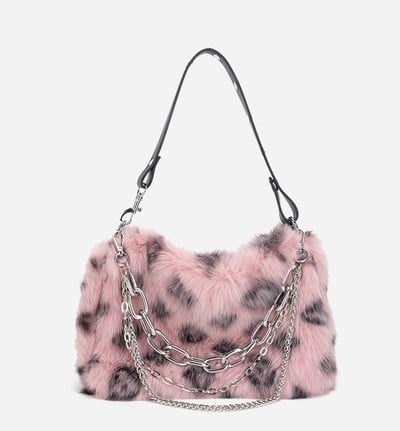Classic Style Fluffy Fur Plush Leopard Pattern Pink Brown White Shoulder Messenger Bag