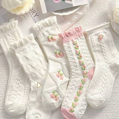 Japanese girl cute autumn pink tulip floral flower nature sweet white cotton socks 5 patterns pairs sets