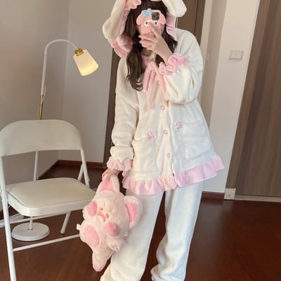 Japanese cute girl women fashion fluffy plush thick warm winter bunny rabbit ears pink & blue long sleeve top & pants pajamas sleepwear two piece set - Thumbnail 3