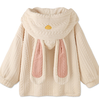 Cloudy and Sweet Love Rabbit Ears White Pink Japanese Cute Thick Warm Winter Top & Pants Pajamas Sleepwear Two Piece Set - Thumbnail 2