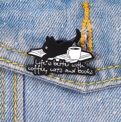 "LIFE IS BETTER WITH COFFEE CATS AND BOOKS" PIN