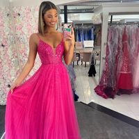Cute A Line V Neck Hot Pink Long Prom Dresses with Beading - Thumbnail 1