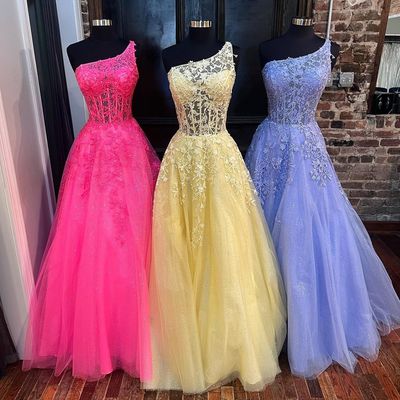 Cute a line one shoulder hot pink tulle long prom dresses with appliques - Thumbnail 1