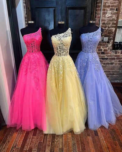 Cute A Line One Shoulder Long Prom Dresses with Appliques