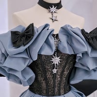 Off Shoulder Satin Lace Long Prom Dress, Blue Evening Dress - Thumbnail 2