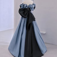 Off Shoulder Satin Lace Long Prom Dress, Blue Evening Dress - Thumbnail 3
