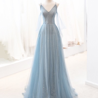 Blue tulle long a line prom dress blue evening dress - Thumbnail 5