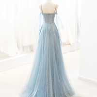 Blue Tulle Long A Line Prom Dress Blue Evening Dress - Thumbnail 2