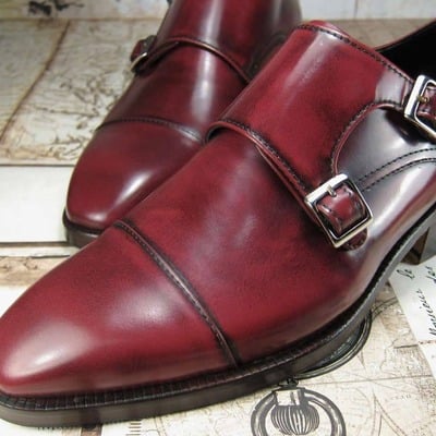 Mens handmade burgundy cap toe dress monk shoes 