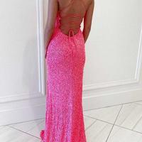 Spaghetti Straps Mermaid Scoop Neck Backless Sequin Prom Dresses - Thumbnail 1