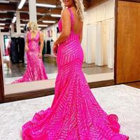 Mermaid Hot Pink V Neck Sequins Prom Dresses - Thumbnail 1