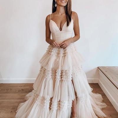 A line v neck straps ivory / light champagne tulle long prom dresses - Thumbnail 2