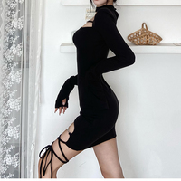 Black Branded Trim Detail Cut-out High-neck Split Bodycon Dress - Thumbnail 7