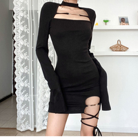 Black Branded Trim Detail Cut-out High-neck Split Bodycon Dress - Thumbnail 5