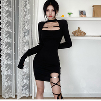 Black Branded Trim Detail Cut-out High-neck Split Bodycon Dress - Thumbnail 1