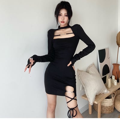 Black branded trim detail cut-out high-neck split bodycon dress - Thumbnail 3