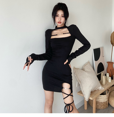 Black Branded Trim Detail Cut-out High-neck Split Bodycon Dress