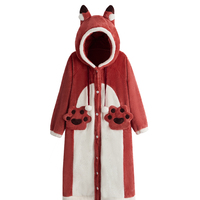 Winter Thick Warm Soft Cute Little Red Fox Ears Hoodies Nightgown Long Coat Pants Pajamas Two Piece Set - Thumbnail 9