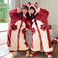 Winter Thick Warm Soft Cute Little Red Fox Ears Hoodies Nightgown Long Coat Pants Pajamas Two Piece Set - Thumbnail 2