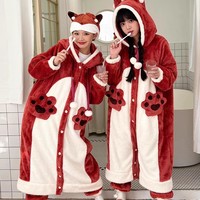 Winter Thick Warm Soft Cute Little Red Fox Ears Hoodies Nightgown Long Coat Pants Pajamas Two Piece Set - Thumbnail 4