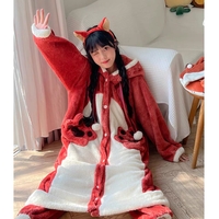 Winter Thick Warm Soft Cute Little Red Fox Ears Hoodies Nightgown Long Coat Pants Pajamas Two Piece Set - Thumbnail 5