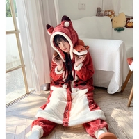 Winter Thick Warm Soft Cute Little Red Fox Ears Hoodies Nightgown Long Coat Pants Pajamas Two Piece Set - Thumbnail 6