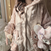 Winter Thick Warm Comfy Soft Cute Little Pink Fox Purple Flower Ears Hoodies Cute Nightgown Long Coat Pajamas Pants Two Piece Set - Thumbnail 4