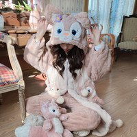 Winter Thick Warm Comfy Soft Cute Little Pink Fox Purple Flower Ears Hoodies Cute Nightgown Long Coat Pajamas Pants Two Piece Set - Thumbnail 2