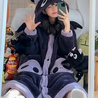 Winter Thick Warm Soft Cute Halloween Black Spooky Bat Ears Hoodies Nightgown Long Coat Pants Pajamas Two Piece Set - Thumbnail 1