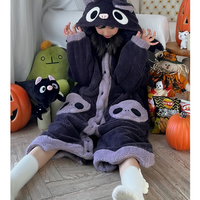 Winter Thick Warm Soft Cute Halloween Black Spooky Bat Ears Hoodies Nightgown Long Coat Pants Pajamas Two Piece Set - Thumbnail 2