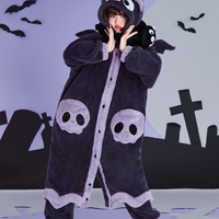 Winter Thick Warm Soft Cute Halloween Black Spooky Bat Ears Hoodies Nightgown Long Coat Pants Pajamas Two Piece Set - Thumbnail 7